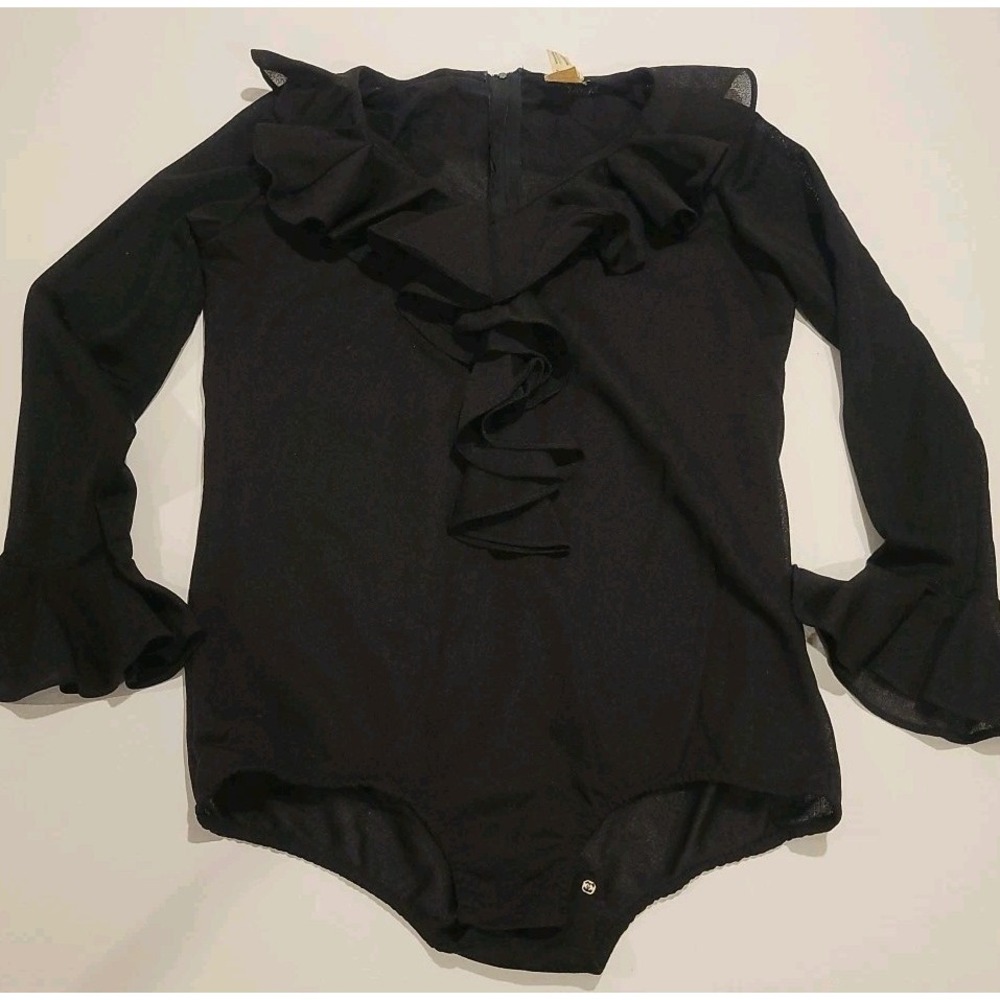 Baronet Lingerie Black Semi Sheer Long Sleeve Bodysuit Ruffles Poet Vtg 60s 70s
